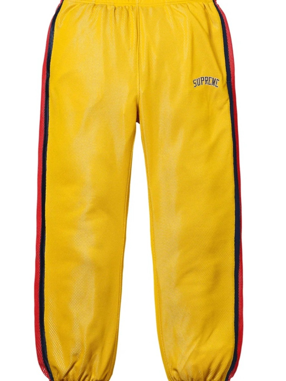 Supreme Yellow Mesh Track Pants with Red & Navy Side Stripes